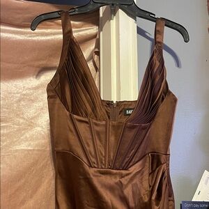 50%off 
Brown Satin Dress with Pleated Bodice